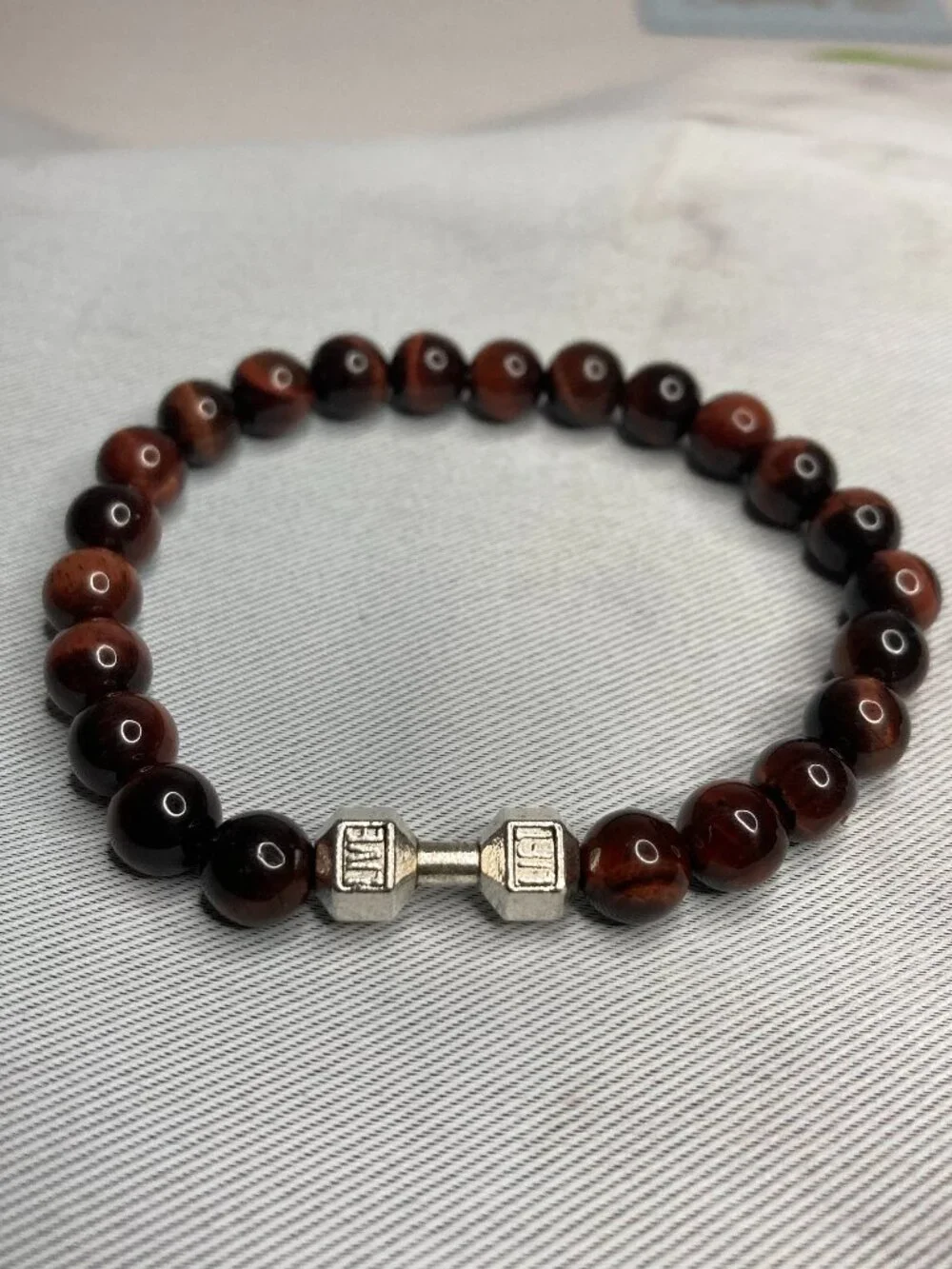 Silver Dumb Bell * Red Tiger Eye Beads